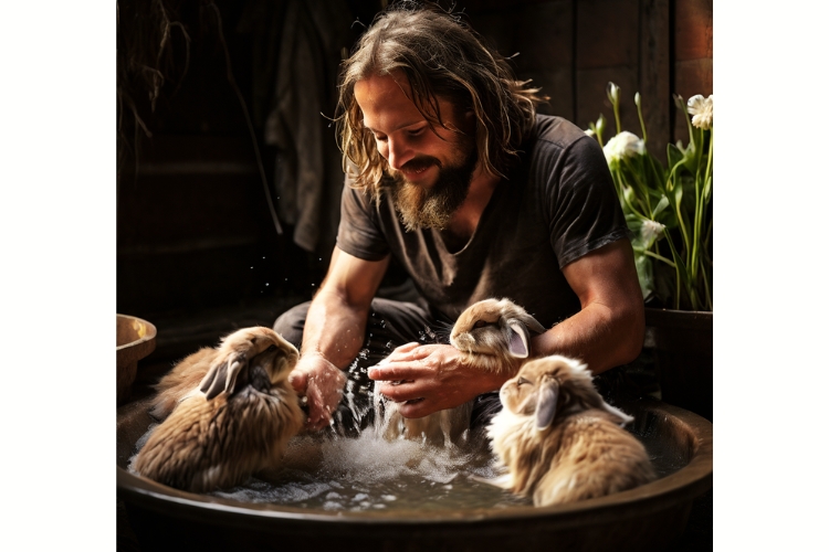 man bathing Holland Lop's Fur rabbit