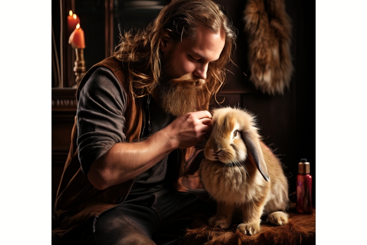 man grooming Holland Lop's Fur rabbit