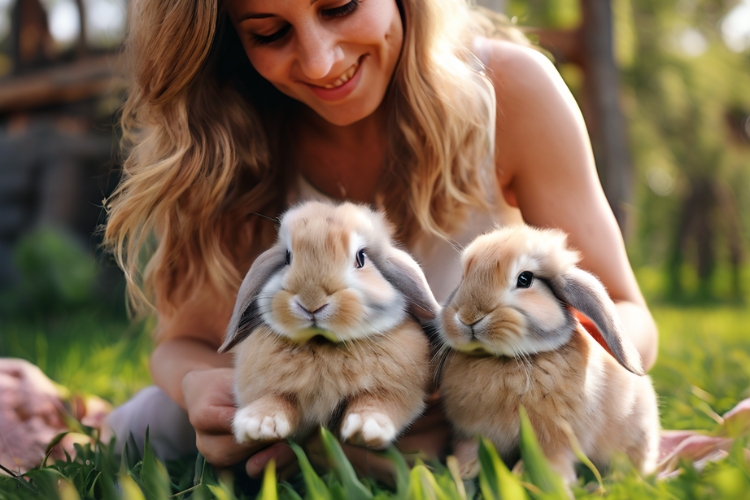 happy girl playing with holland loop rabbits