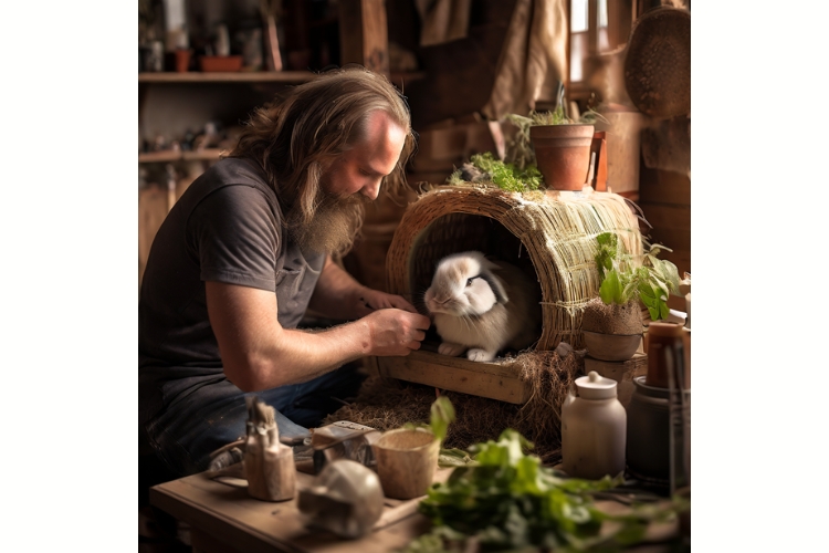 man creating Holland Lop rabbit house