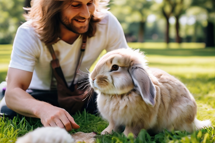 owner playing in park with holland lop rabbit