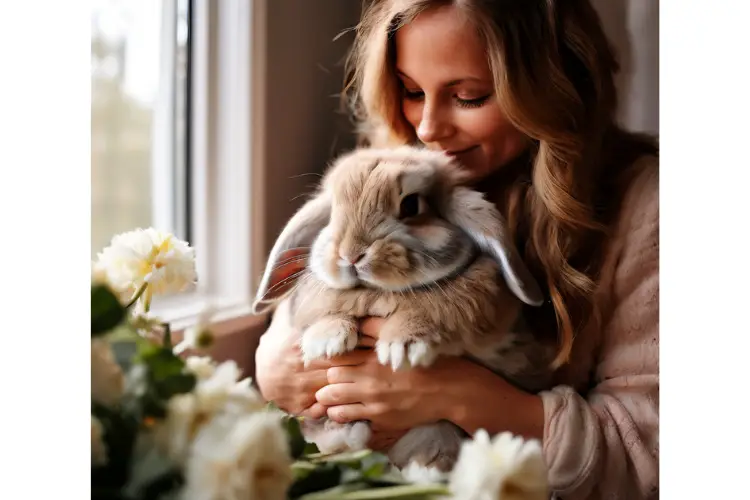 owner caring for pregnant holland lop rabbit