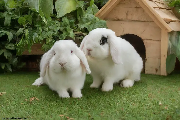 white Holland Lop rabbits couple in garden