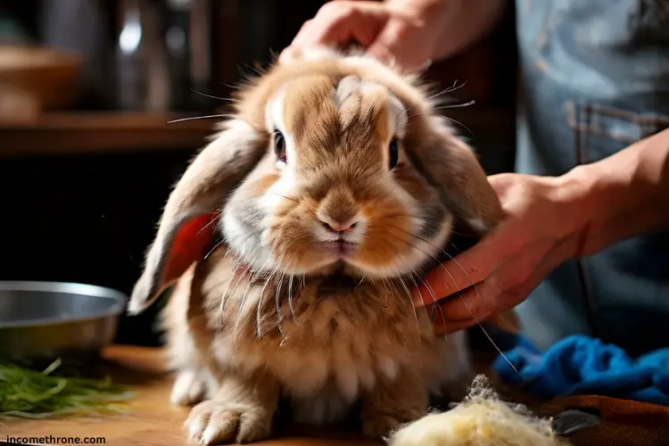 pet owner cleaning holland lop rabbit ears